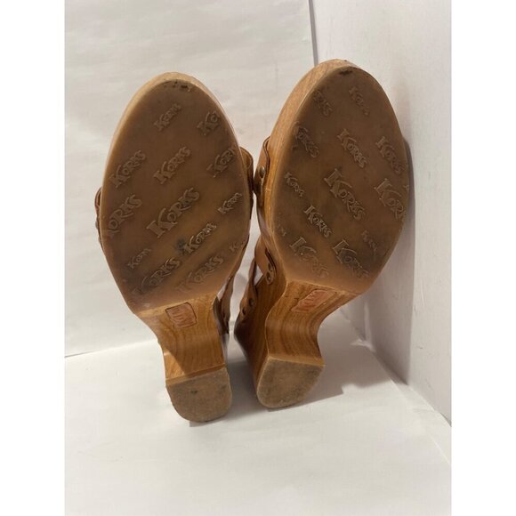 Korks By Korks Easy Womens Tan Laser Cut Leather Wood Platform Sandals size 10 - Picture 7 of 10